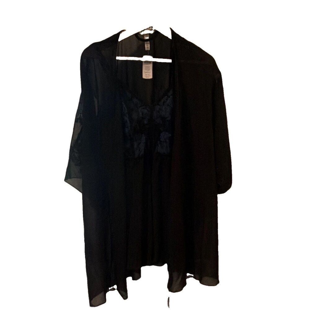 Soma Charming Nights 2pc Floral Lace Chiffon Tie Robe Set Black/Blue S/M